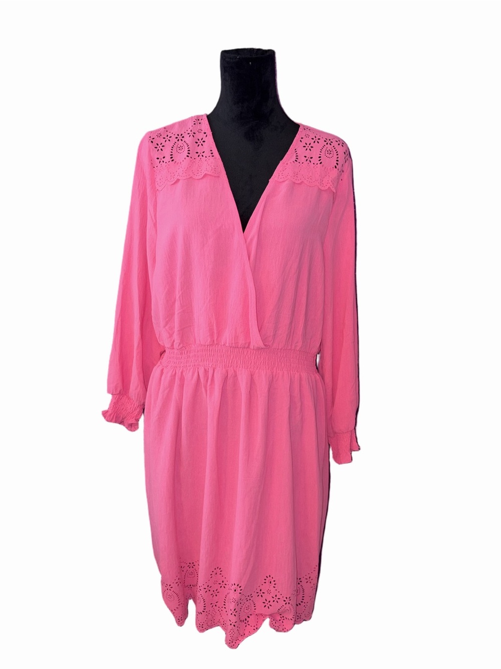🆕💜 Emma & Michele Hot Pink Eyelet Trim Faux Wrap Dress Long Sleeve XL NWOT